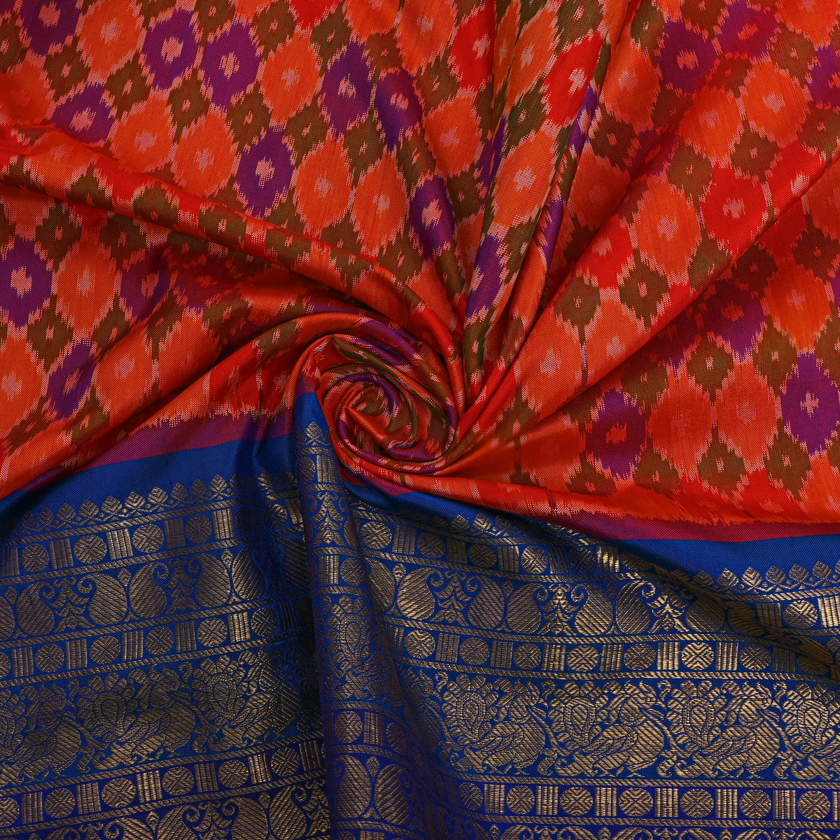 Marigold Ikat Silk Fabric With Blue Gold Zari Border