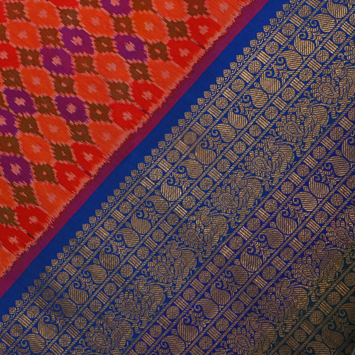 Marigold Ikat Silk Fabric With Blue Gold Zari Border