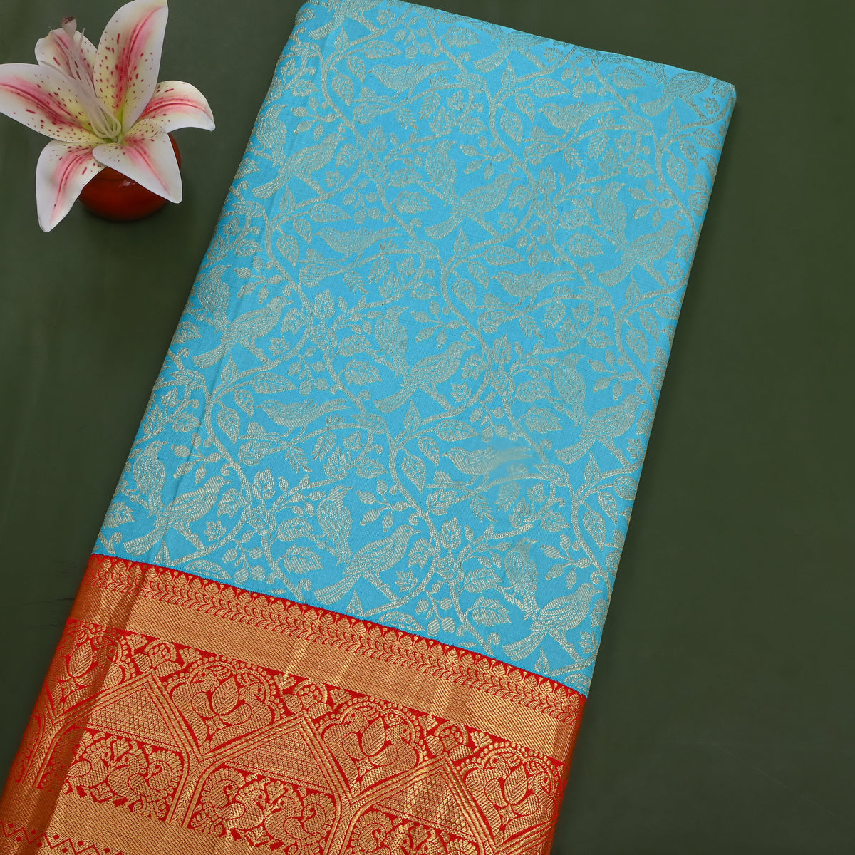 Turquoise Gold Zari Bird Floral Red Border Kanjivaram Silk Fabric