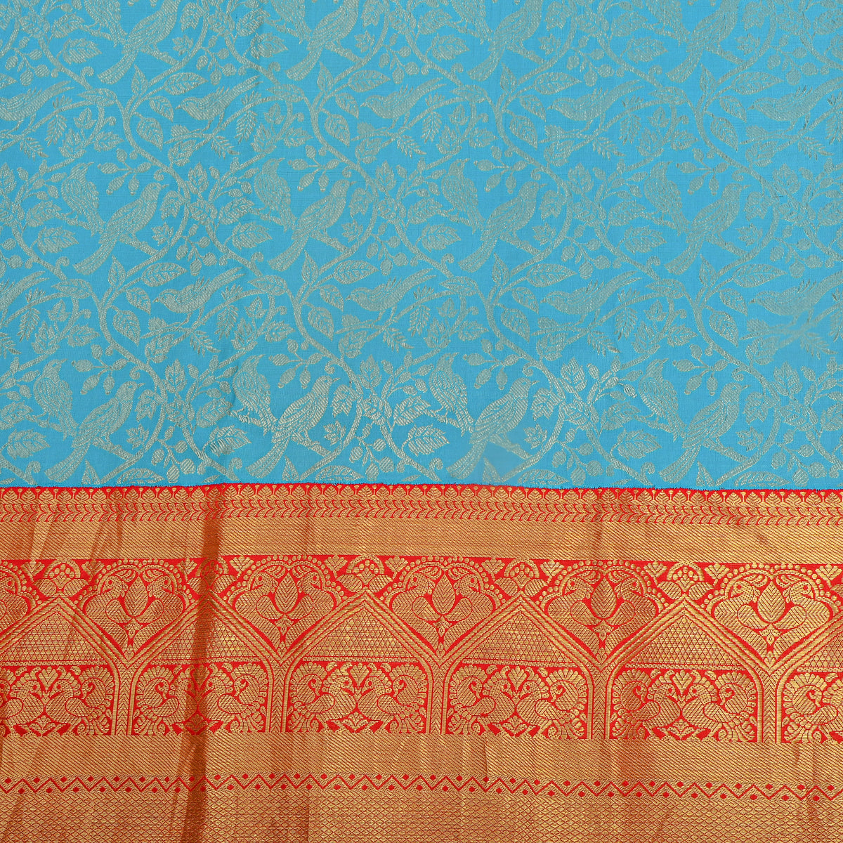 Turquoise Gold Zari Bird Floral Red Border Kanjivaram Silk Fabric