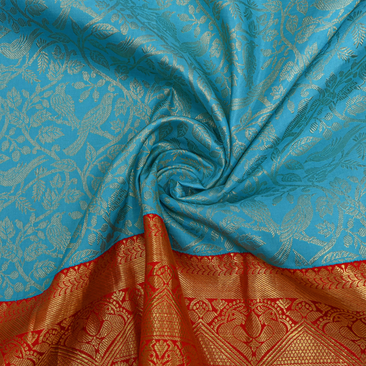 Turquoise Gold Zari Bird Floral Red Border Kanjivaram Silk Fabric