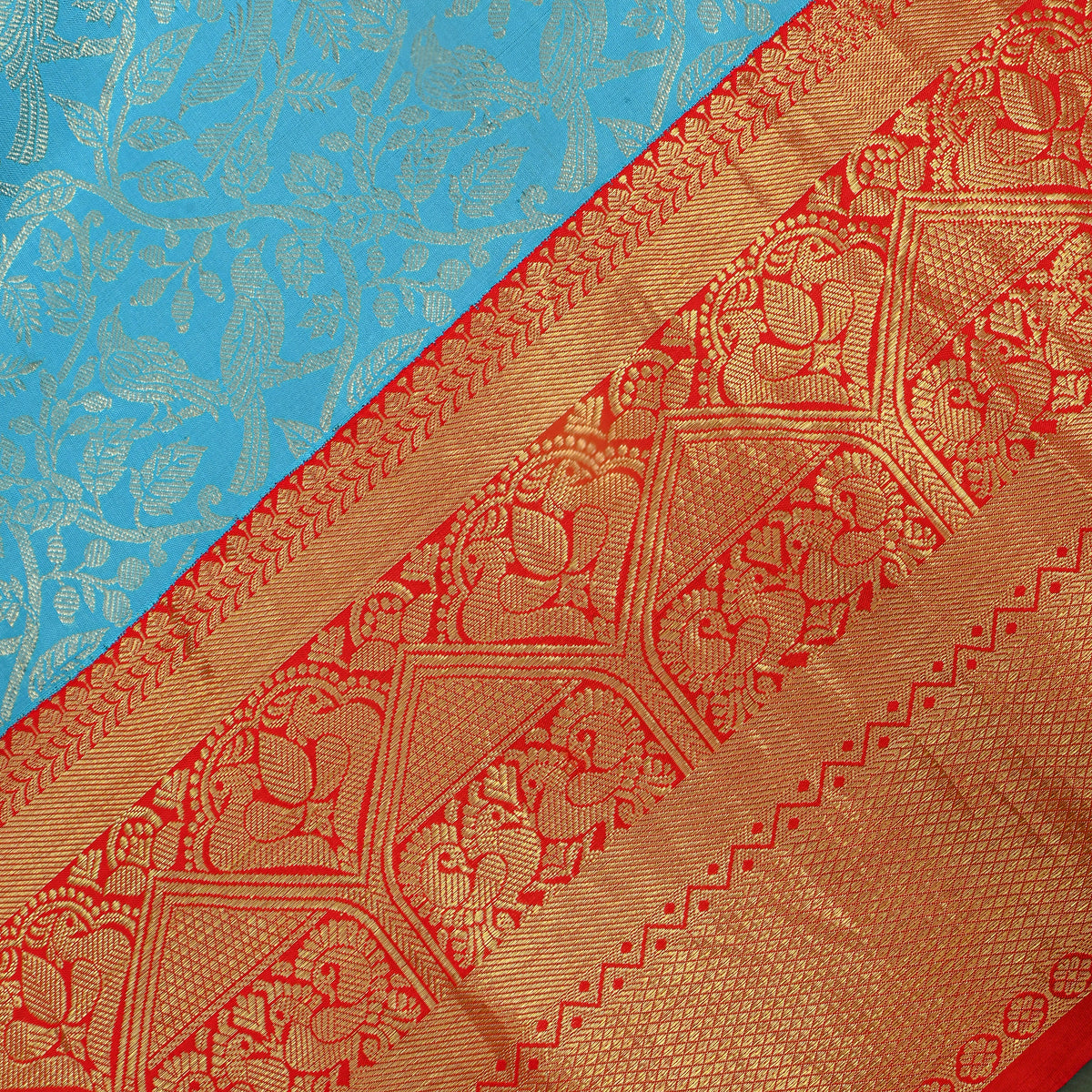 Turquoise Gold Zari Bird Floral Red Border Kanjivaram Silk Fabric