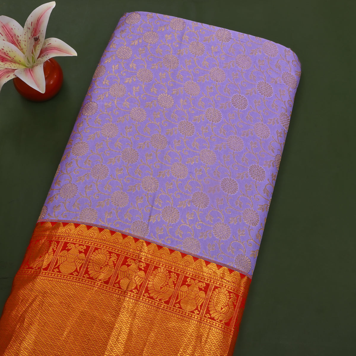 Iris Gold Zari Floral Red Border Kanjivaram Silk Fabric