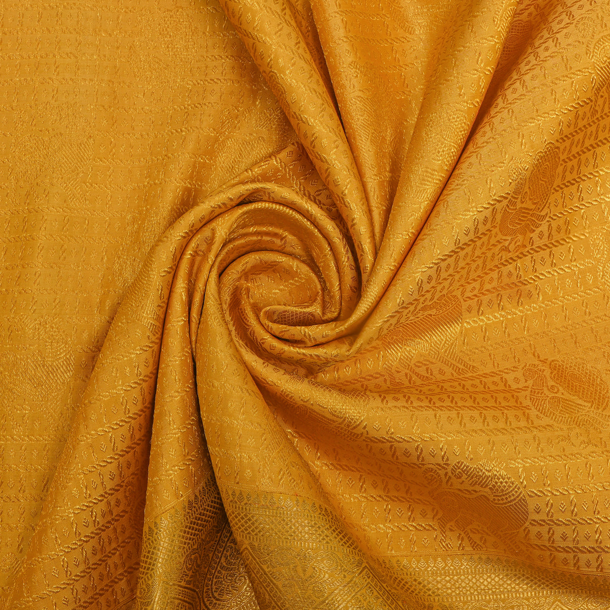 Sunflower Gold Zari Checks Butti Self Border Kanjivaram Silk Fabric