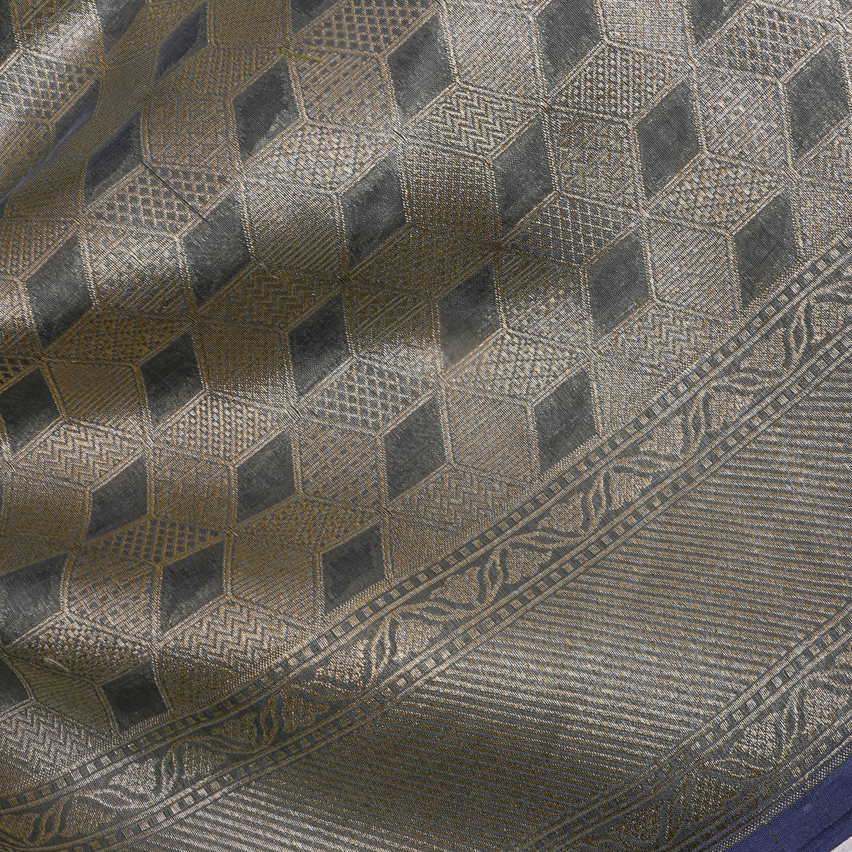 Pewter Grey Silver Zari Geometric Jamawar Silk Fabric