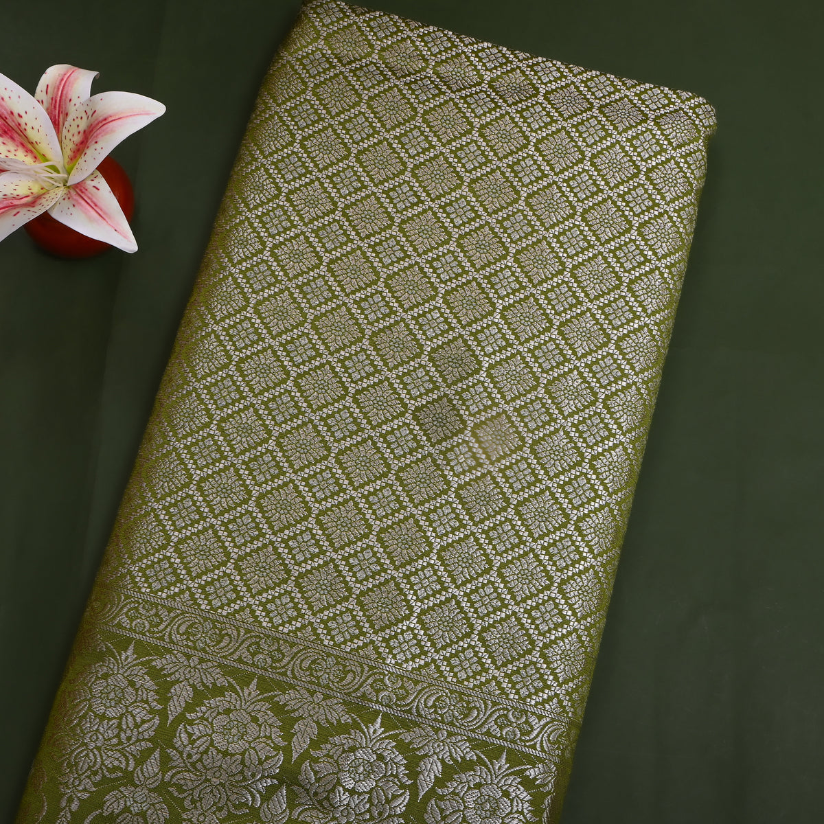 Olive Green Silver Zari Check Jamawar Silk Fabric