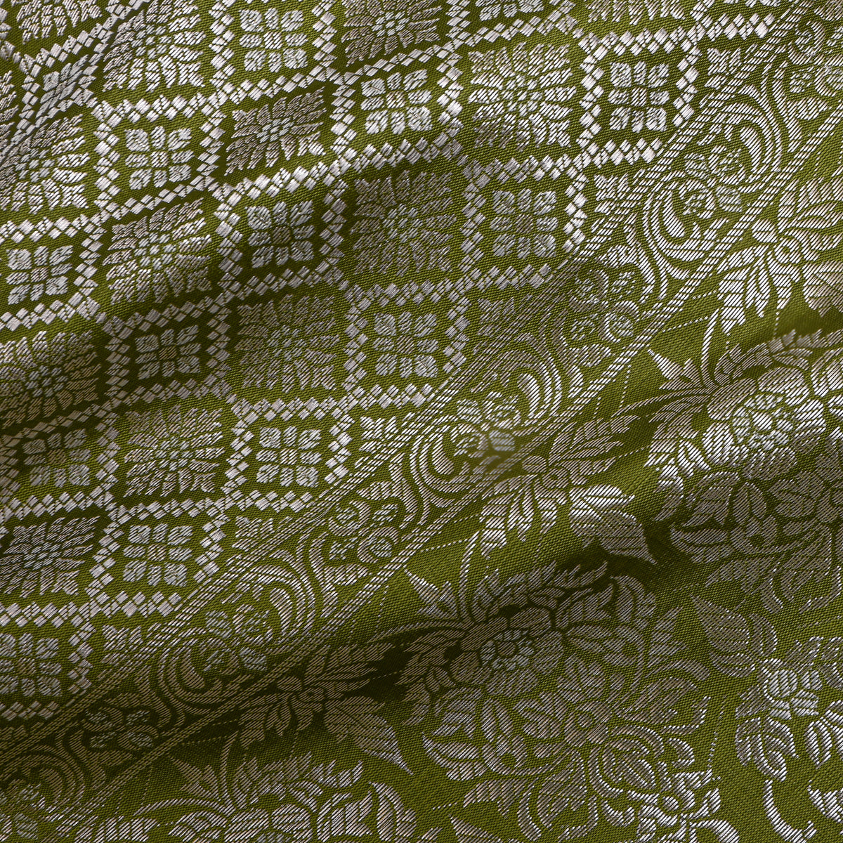 Olive Green Silver Zari Check Jamawar Silk Fabric