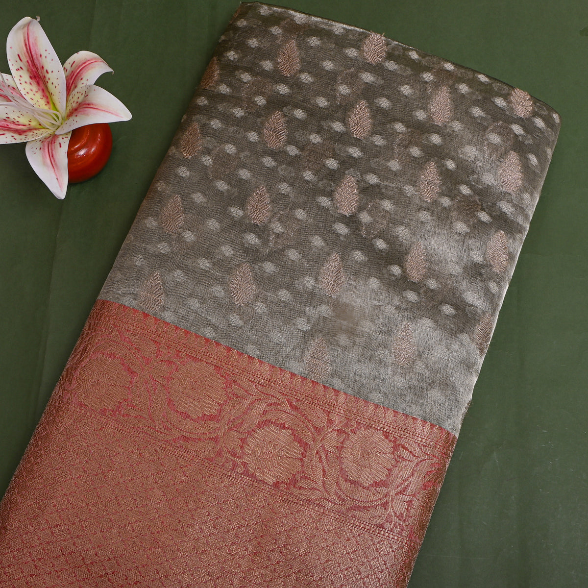 Juniper Green Dual Tone Zari Butti Jamawar Silk Fabric