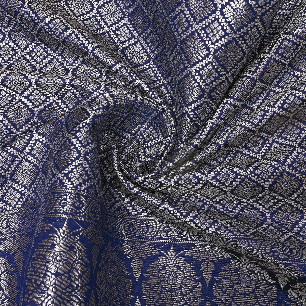 Prussian Blue Silver Zari Check Jamawar Silk Fabric