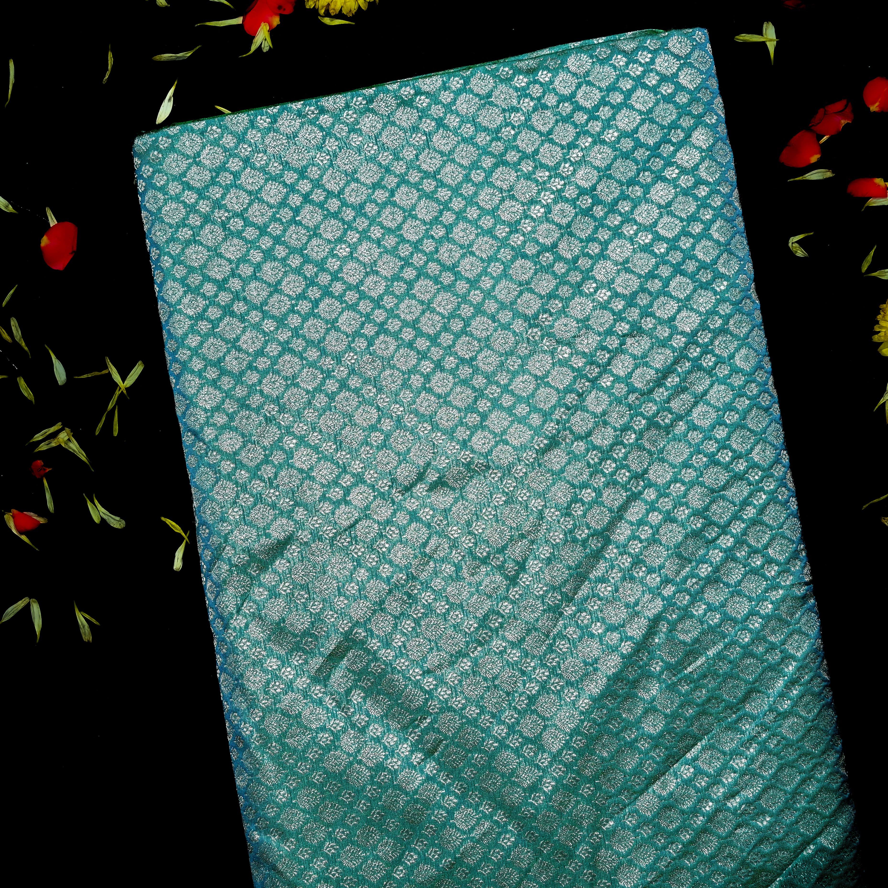 Teal Blue Jamawar Silk Fabric With Gold Zari Work