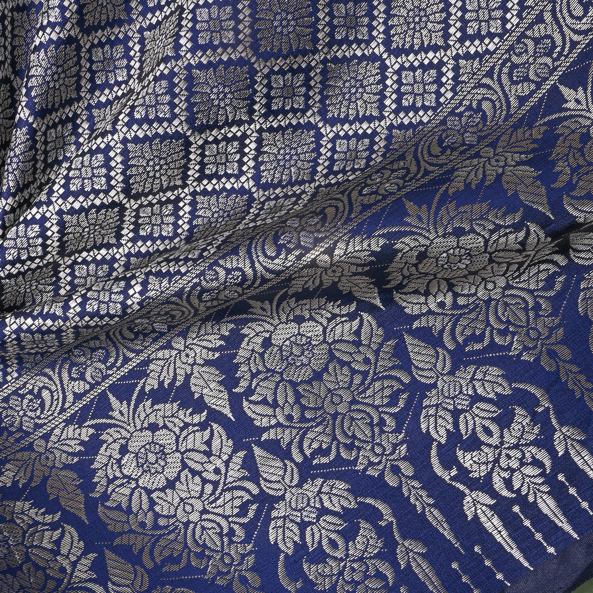 Prussian Blue Silver Zari Check Jamawar Silk Fabric