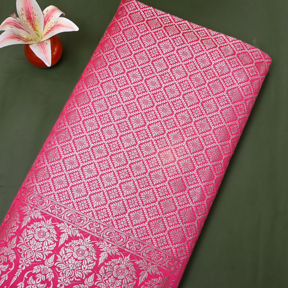 Rani Pink Silver Zari Check Jamawar Silk Fabric