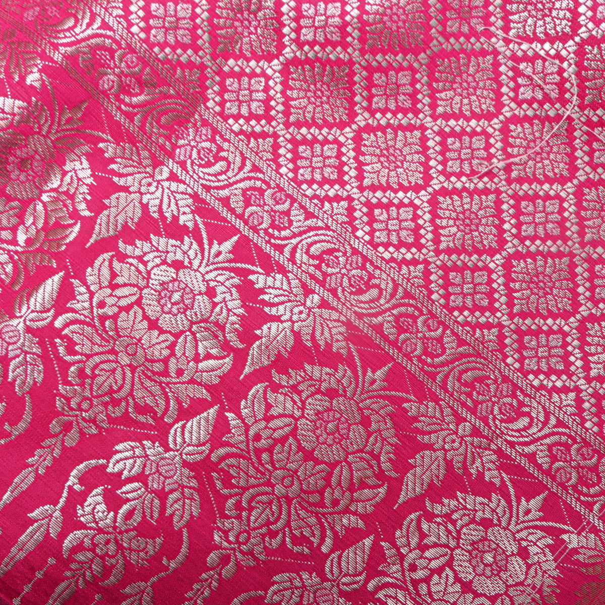 Rani Pink Silver Zari Check Jamawar Silk Fabric