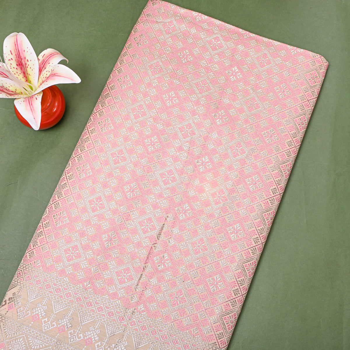 Sage Green Silver Zari Check Jamawar Silk Fabric