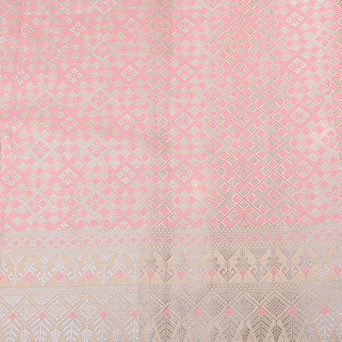 Sage Green Silver Zari Check Jamawar Silk Fabric