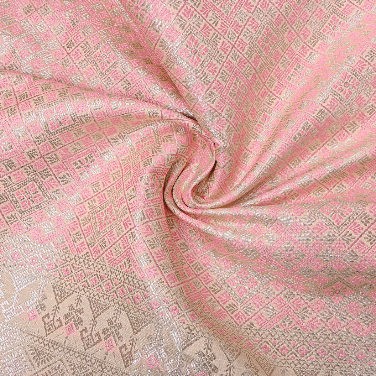 Sage Green Silver Zari Check Jamawar Silk Fabric