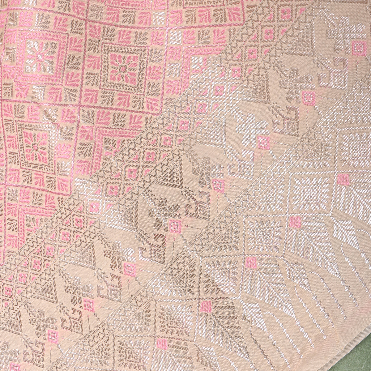 Sage Green Silver Zari Check Jamawar Silk Fabric