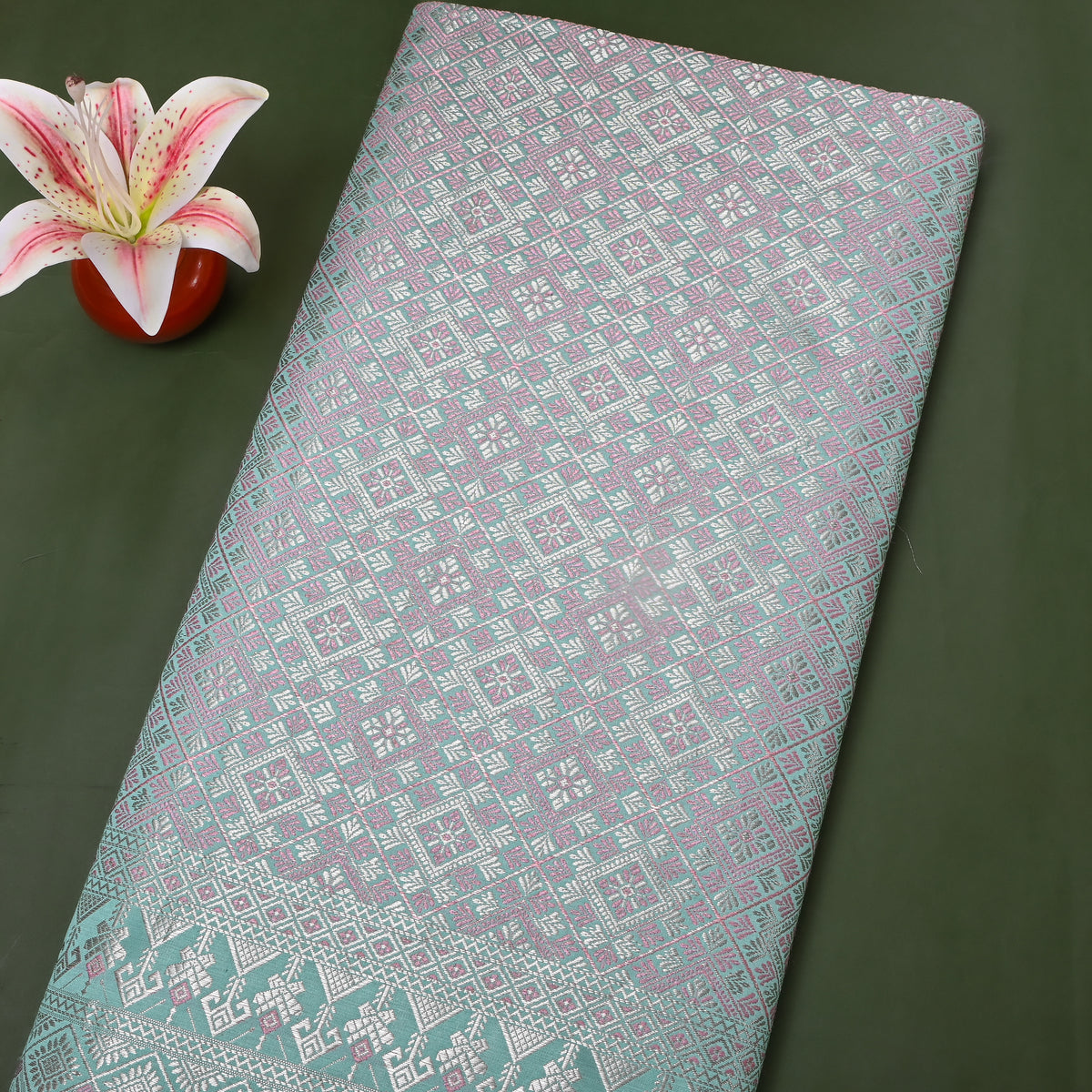 Seafoam Green Silver Zari Check Jamawar Silk Fabric