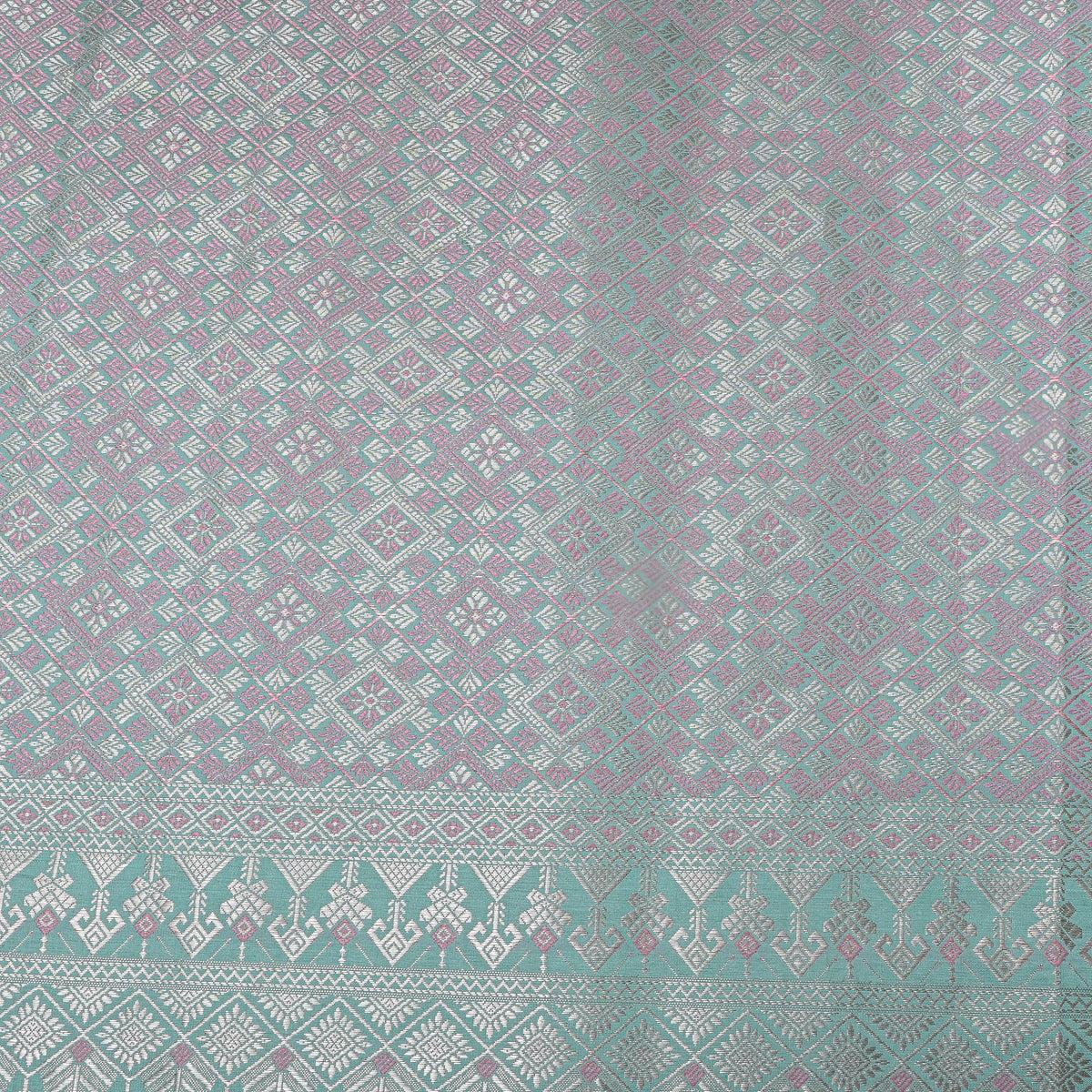 Seafoam Green Silver Zari Check Jamawar Silk Fabric