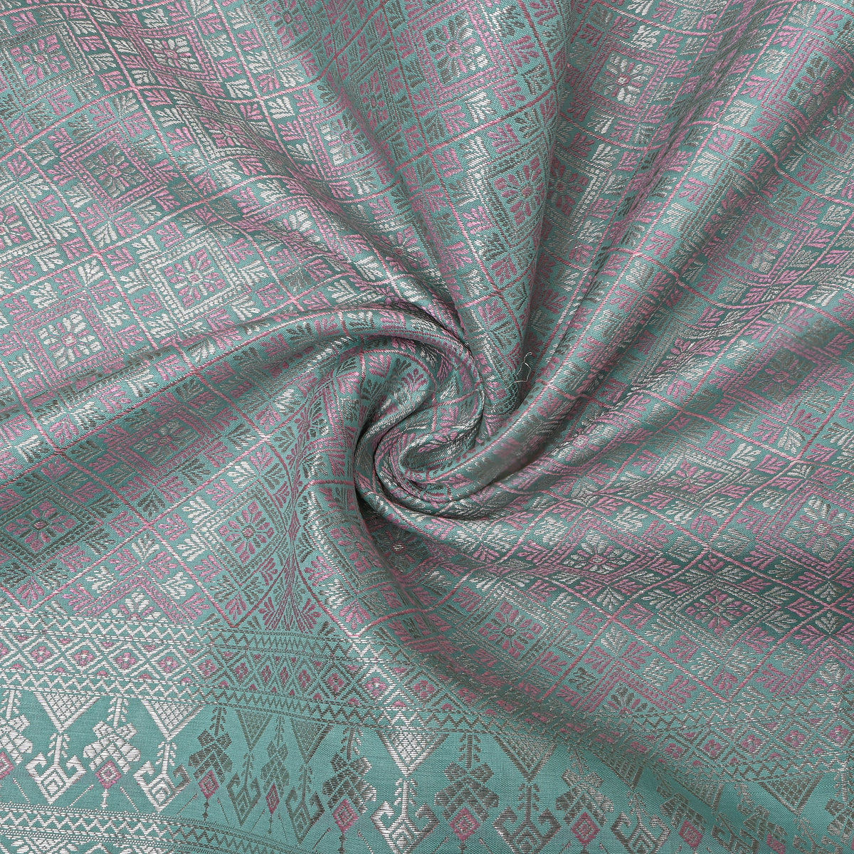 Seafoam Green Silver Zari Check Jamawar Silk Fabric