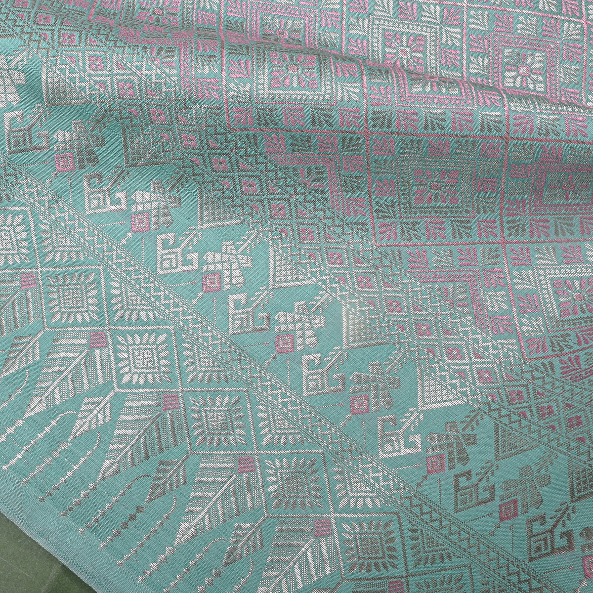 Seafoam Green Silver Zari Check Jamawar Silk Fabric