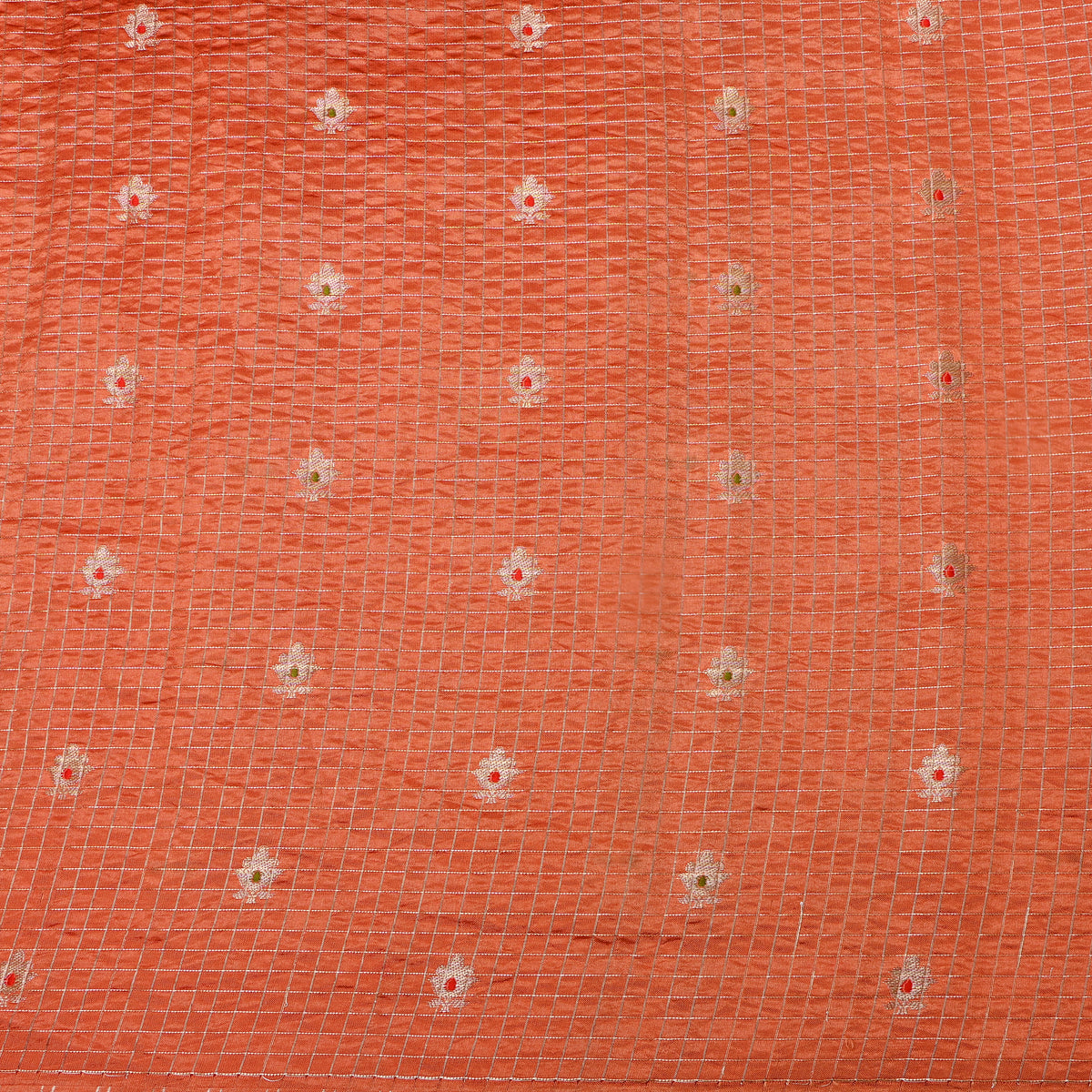 Clay Orange Gold Zari Checks Butti Jamawar Silk Fabric