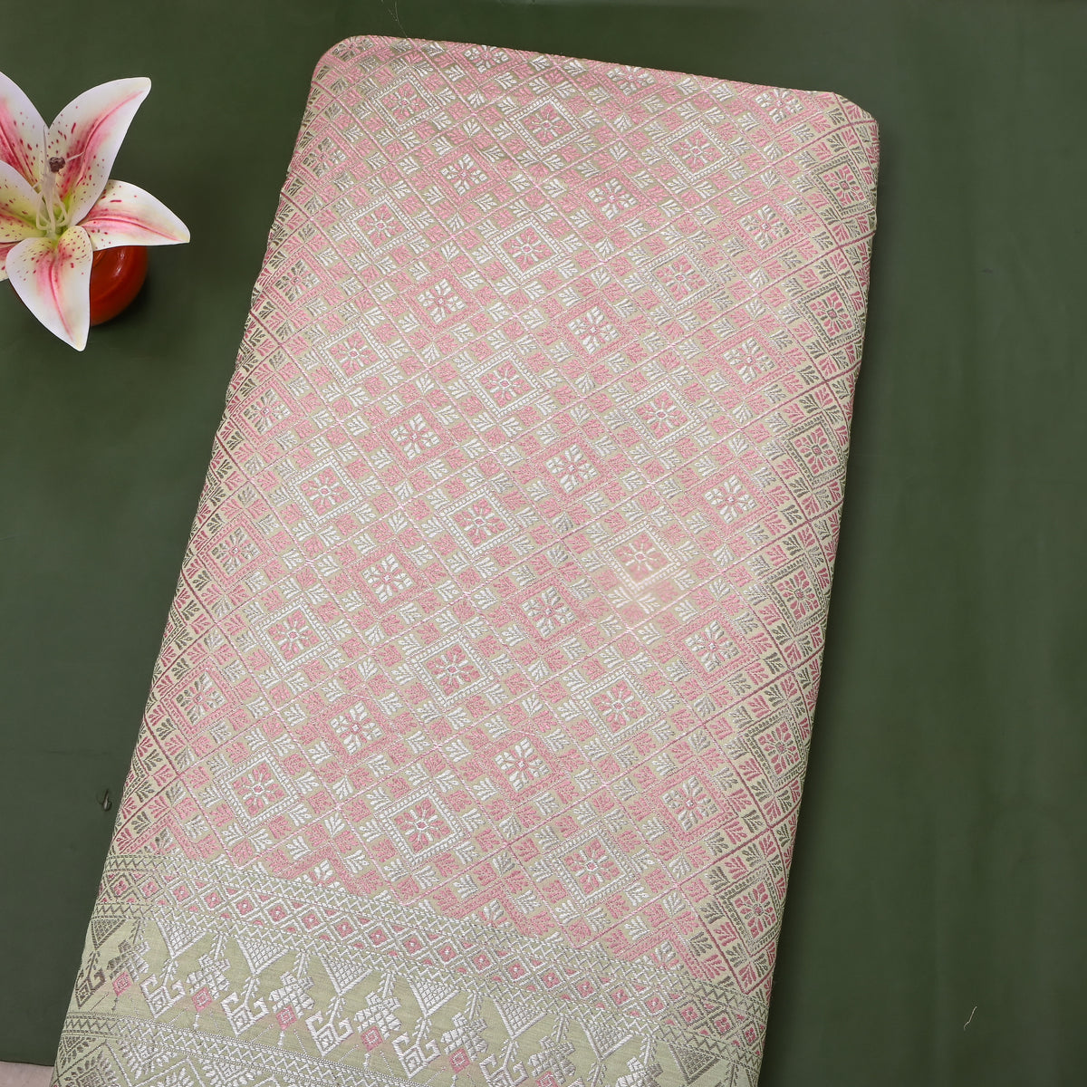 Eucalyptus Green Silver Zari Check Jamawar Silk Fabric