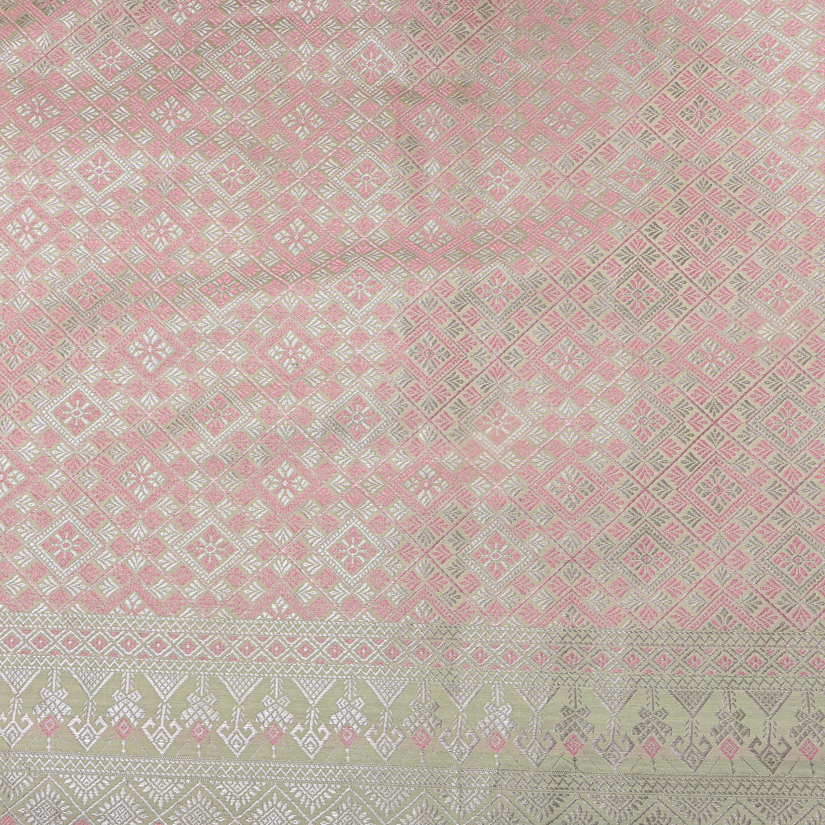 Eucalyptus Green Silver Zari Check Jamawar Silk Fabric