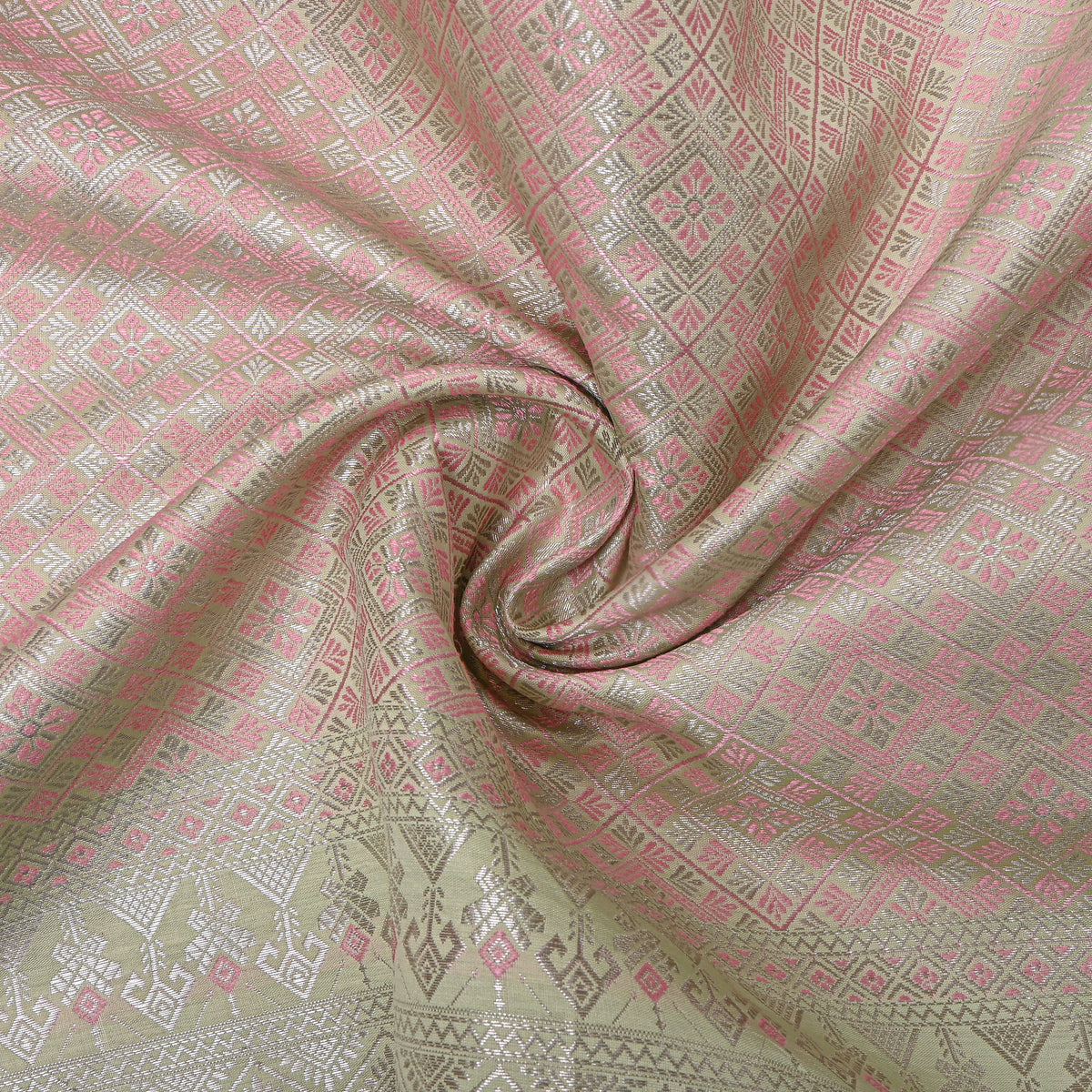 Eucalyptus Green Silver Zari Check Jamawar Silk Fabric
