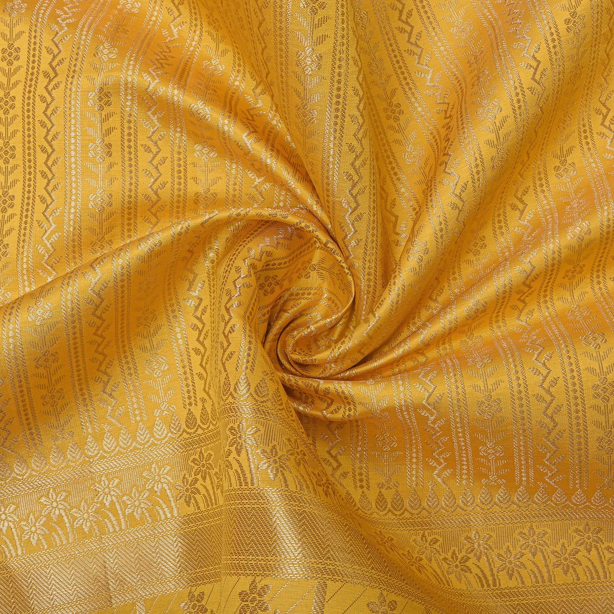 Saffron Yellow Gold Zari Floral Stripe Jamawar Silk Fabric