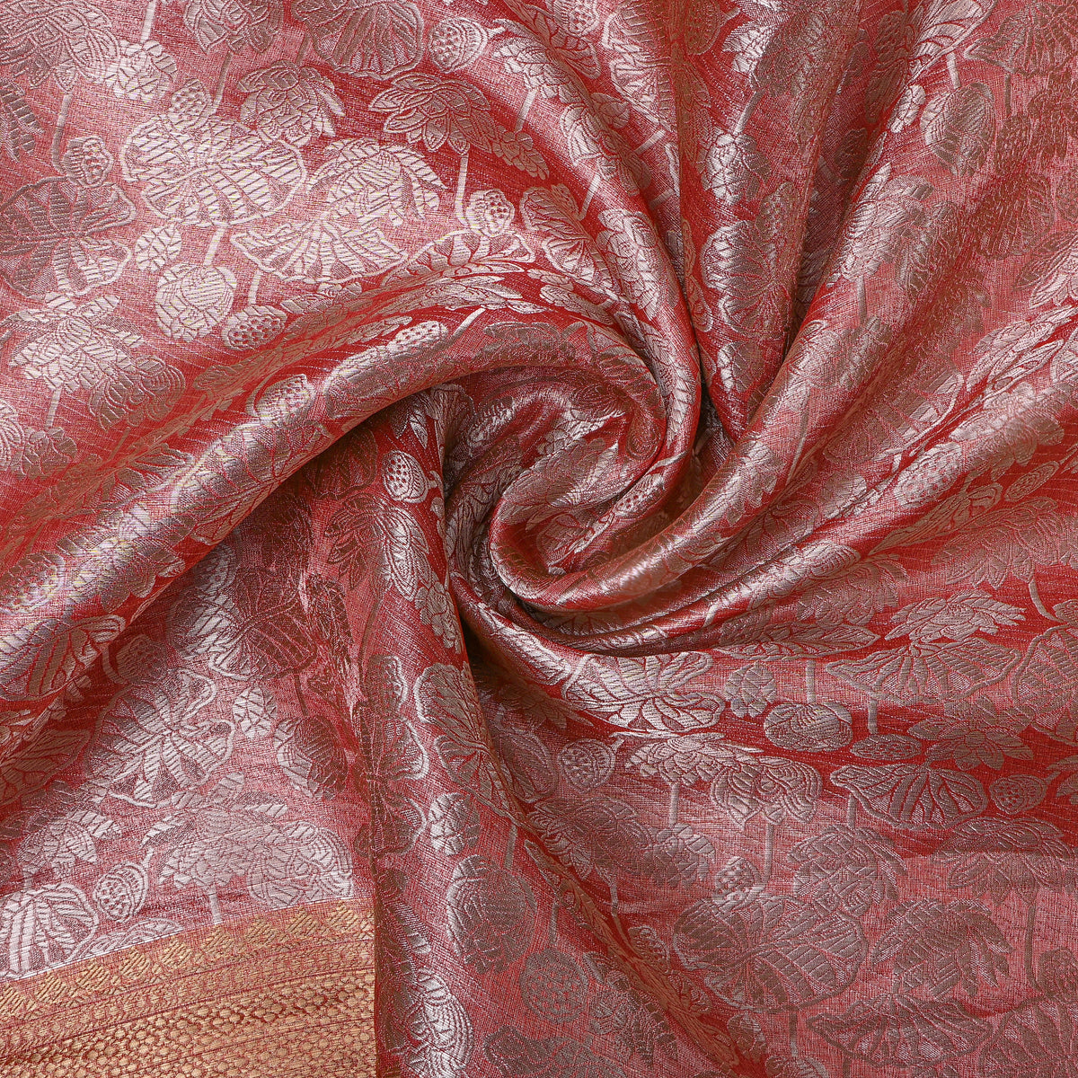 Salmon Dual Tone Zari Lotus Self Weave Jamawar Silk Fabric
