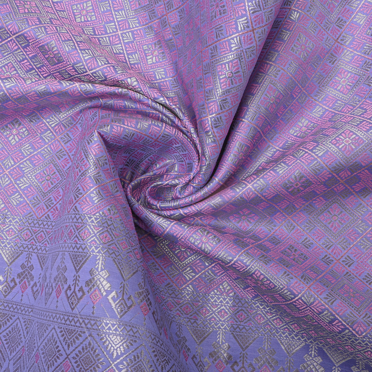 Heather Purple Silver Zari Check Jamawar Silk Fabric