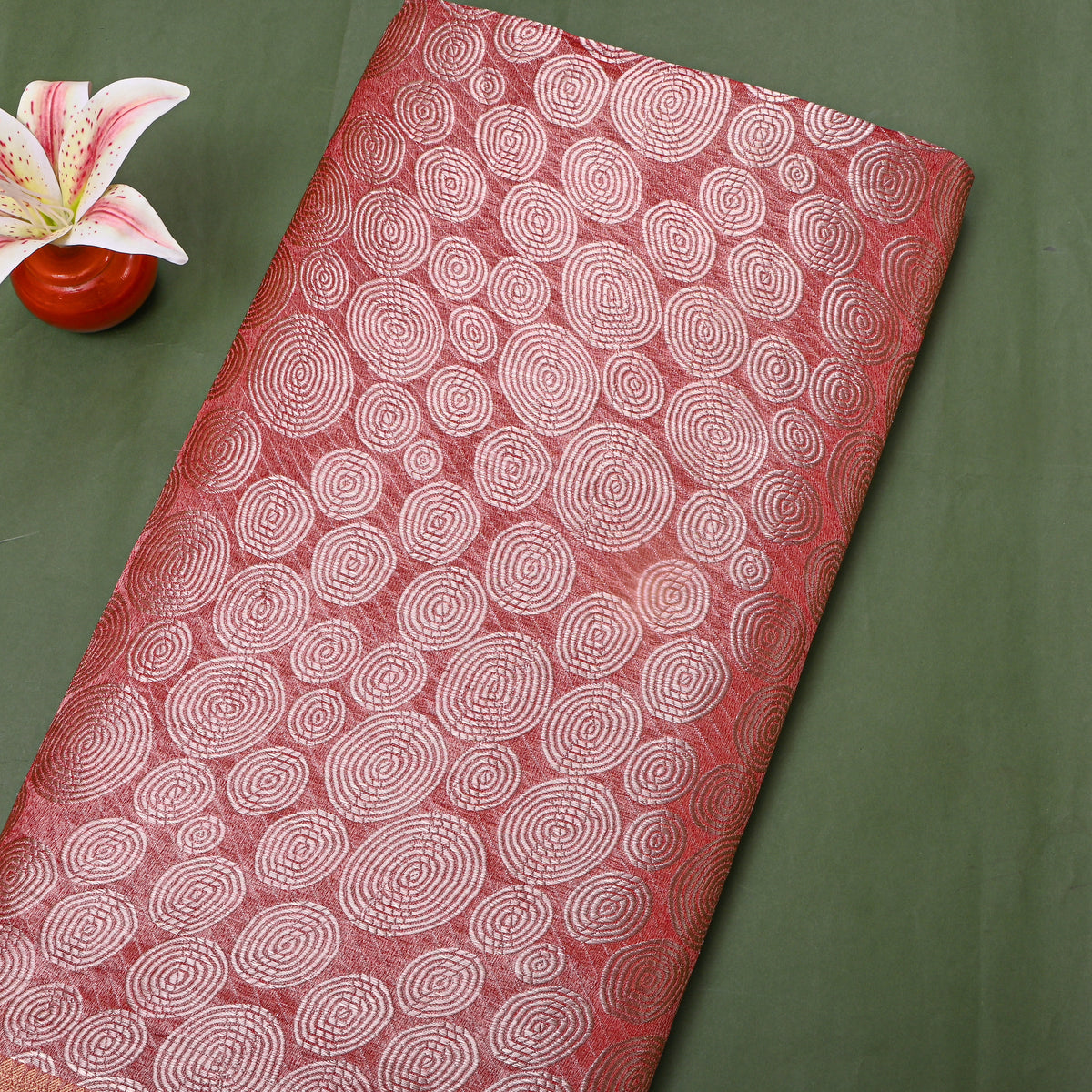 Guava Dual Tone Zari Spiral Geometric Self Weave Jamawar Silk Fabric