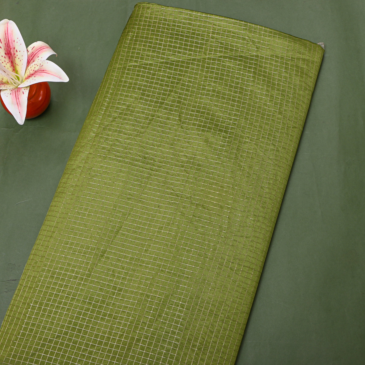 Olive Green Gold Zari Check Grid Jamawar Silk Fabric