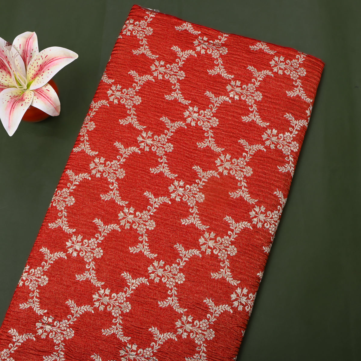 Paprika Gold Zari Floral Jaal Self Weave Jamawar Tissue Fabric