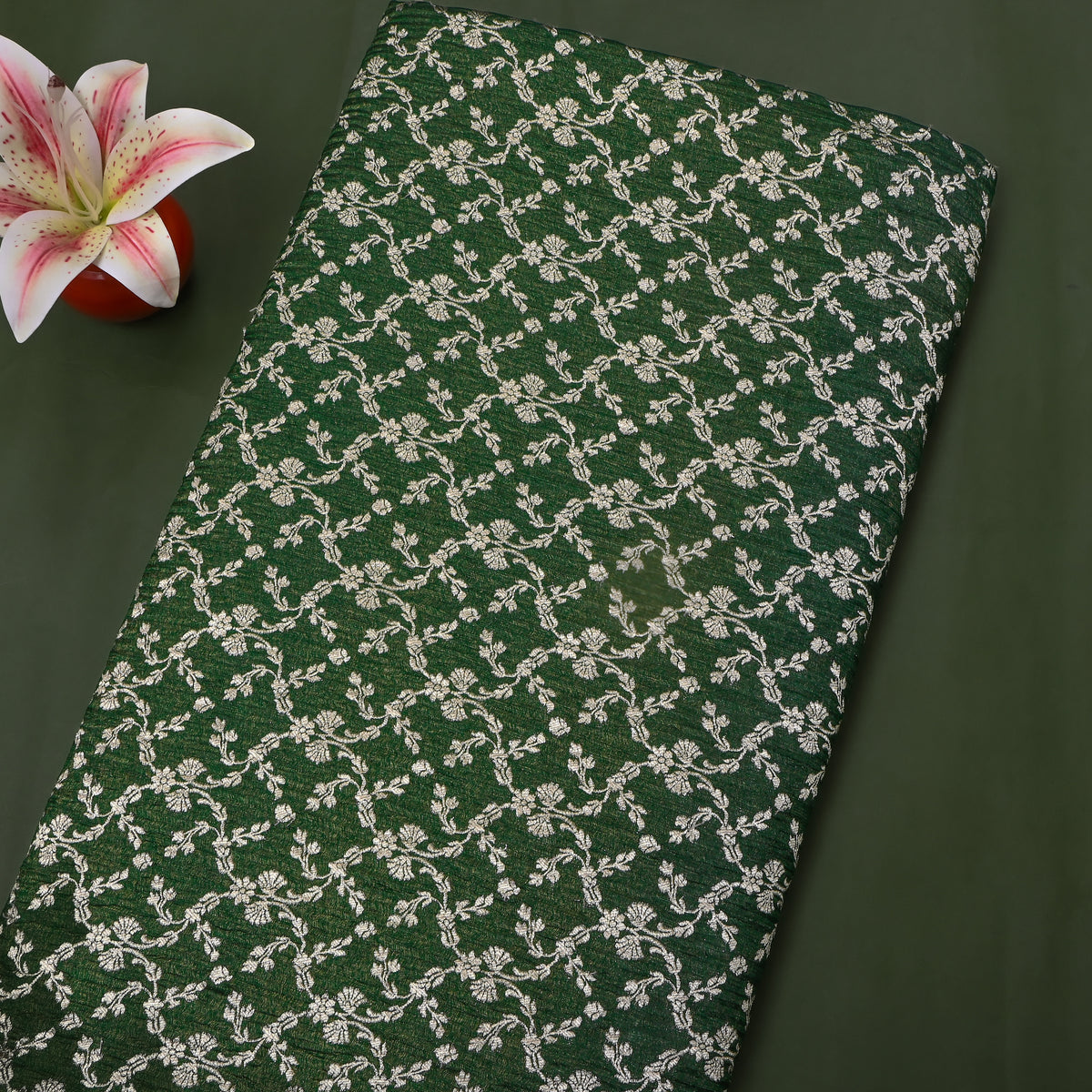 Pine Silver Zari Floral Vine Self Weave Jamawar Tissue Fabric