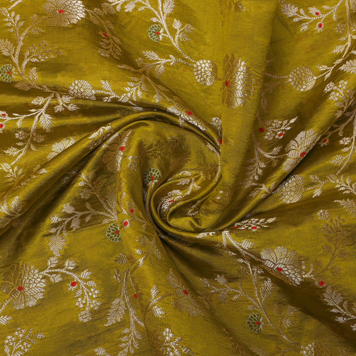 Olive Green Gold Zari Floral Vine Jaal Jamawar Silk Fabric