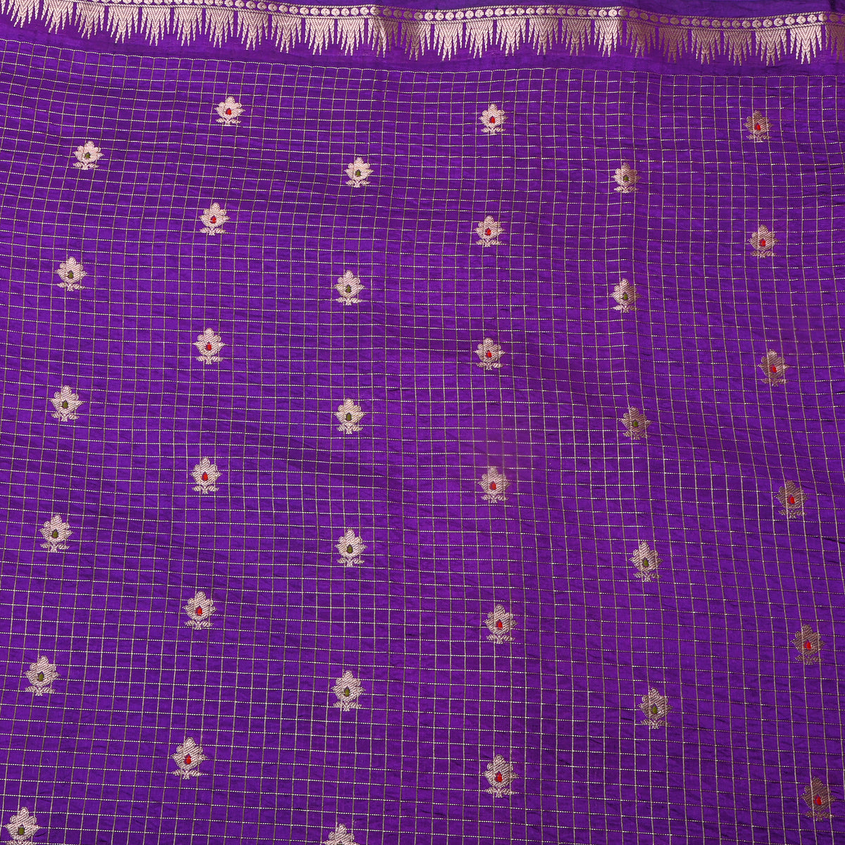 Iris Purple Silver Zari Butti Checks Jamawar Silk Fabric