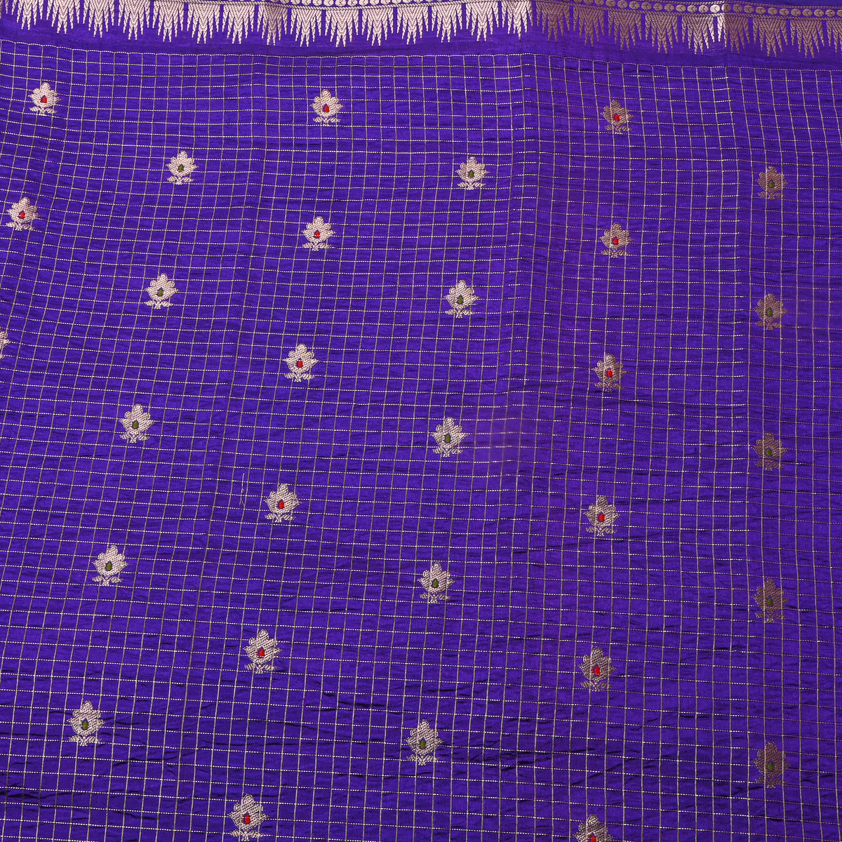 Sapphire Blue Silver Zari Butti Checks Jamawar Silk Fabric