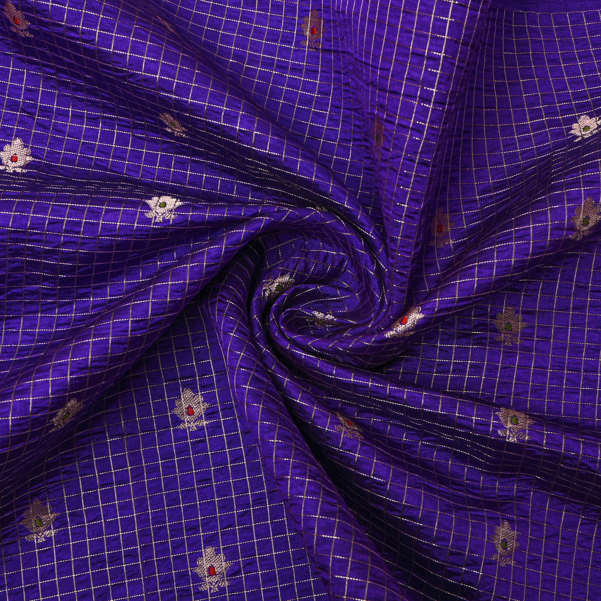 Sapphire Blue Silver Zari Butti Checks Jamawar Silk Fabric