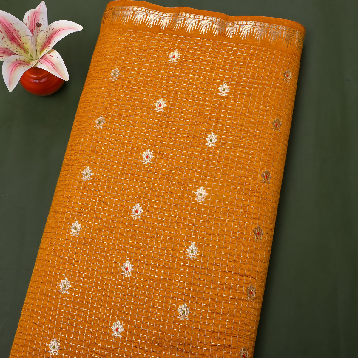 Saffron Orange Gold Zari Butti Checks Jamawar Silk Fabric