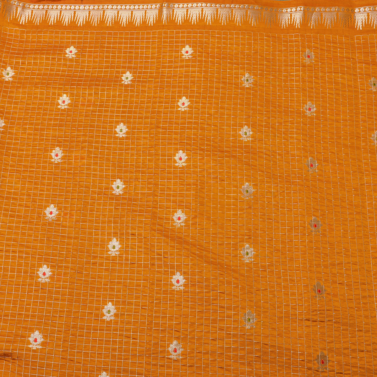 Saffron Orange Gold Zari Butti Checks Jamawar Silk Fabric