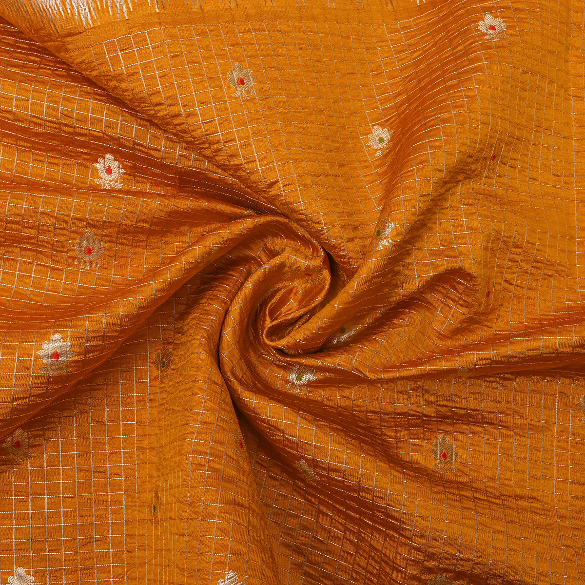 Saffron Orange Gold Zari Butti Checks Jamawar Silk Fabric