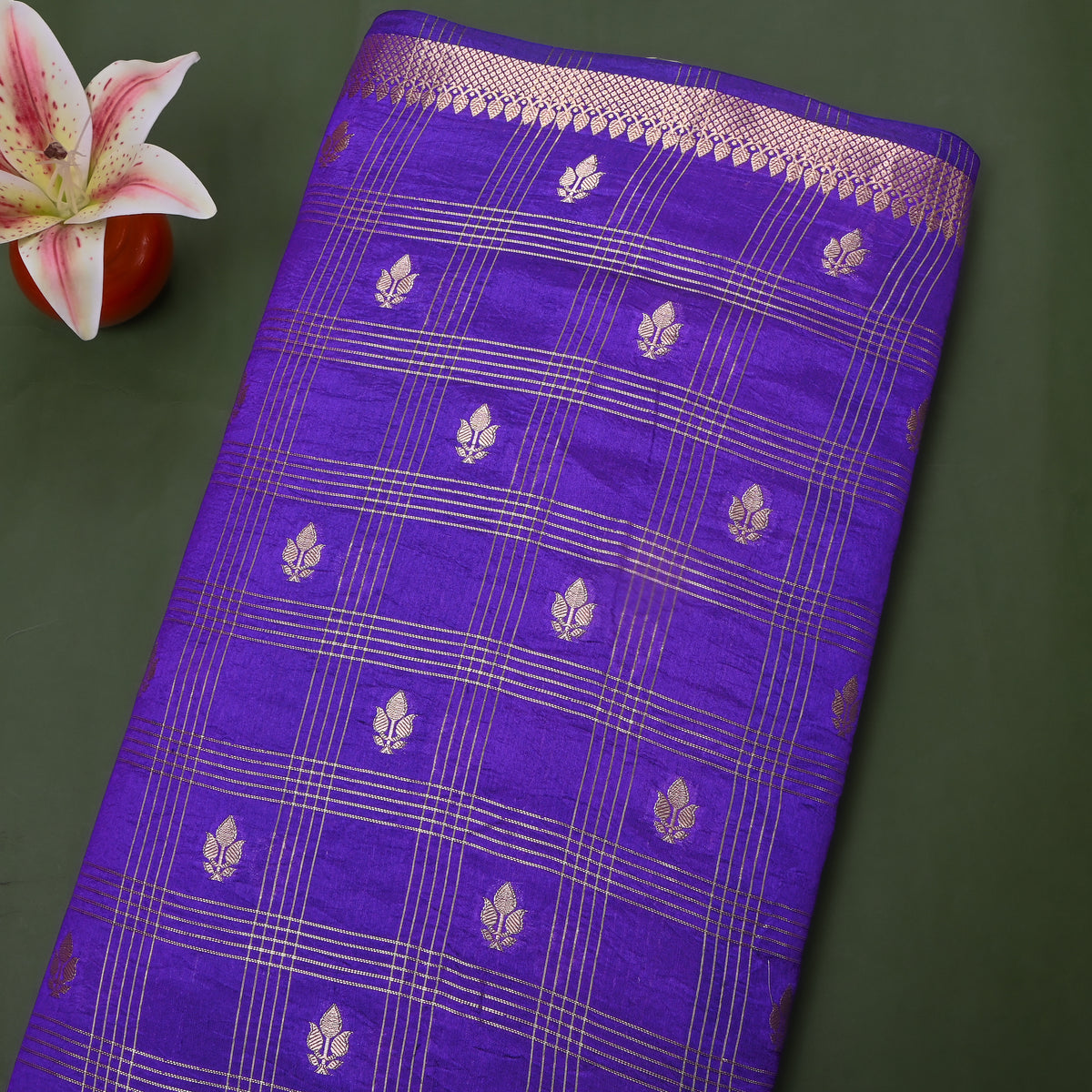 Cobalt Blue Gold Zari Leaf Butti Checks Jamawar Silk Fabric