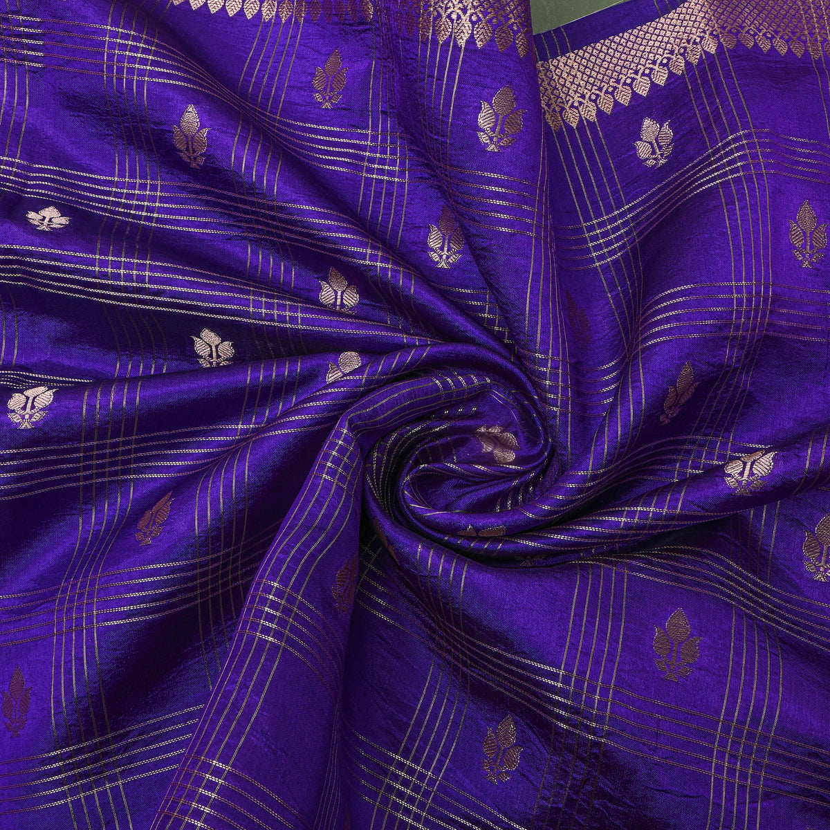 Cobalt Blue Gold Zari Leaf Butti Checks Jamawar Silk Fabric