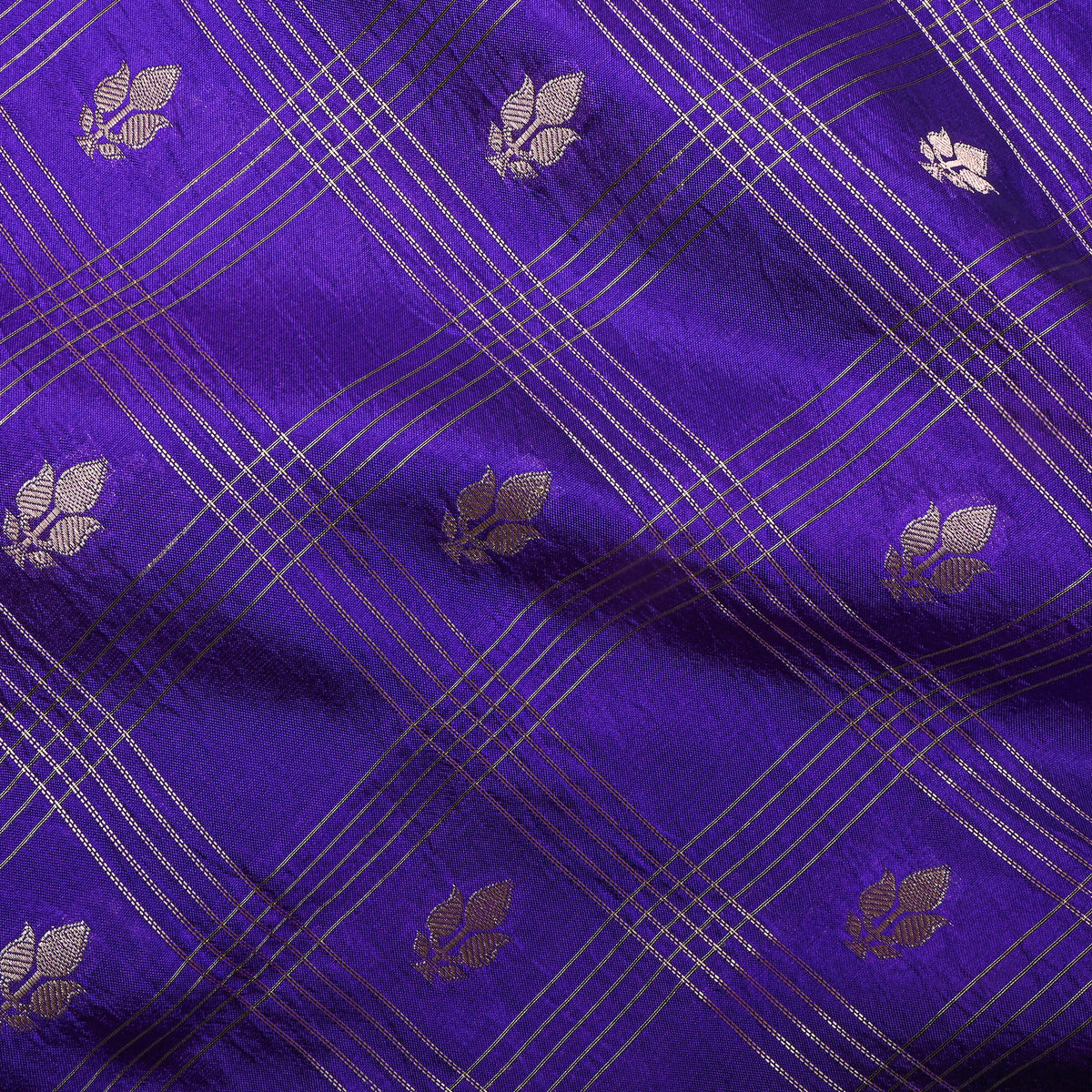 Cobalt Blue Gold Zari Leaf Butti Checks Jamawar Silk Fabric