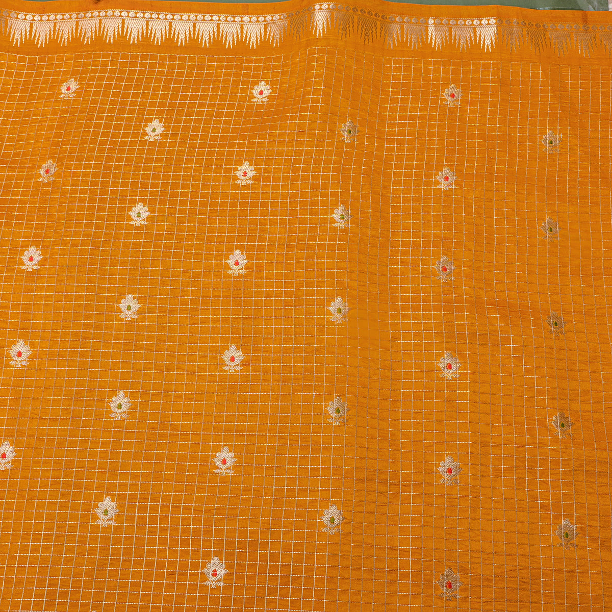 Marigold Yellow Gold Zari Temple Border Jamawar Silk Fabric