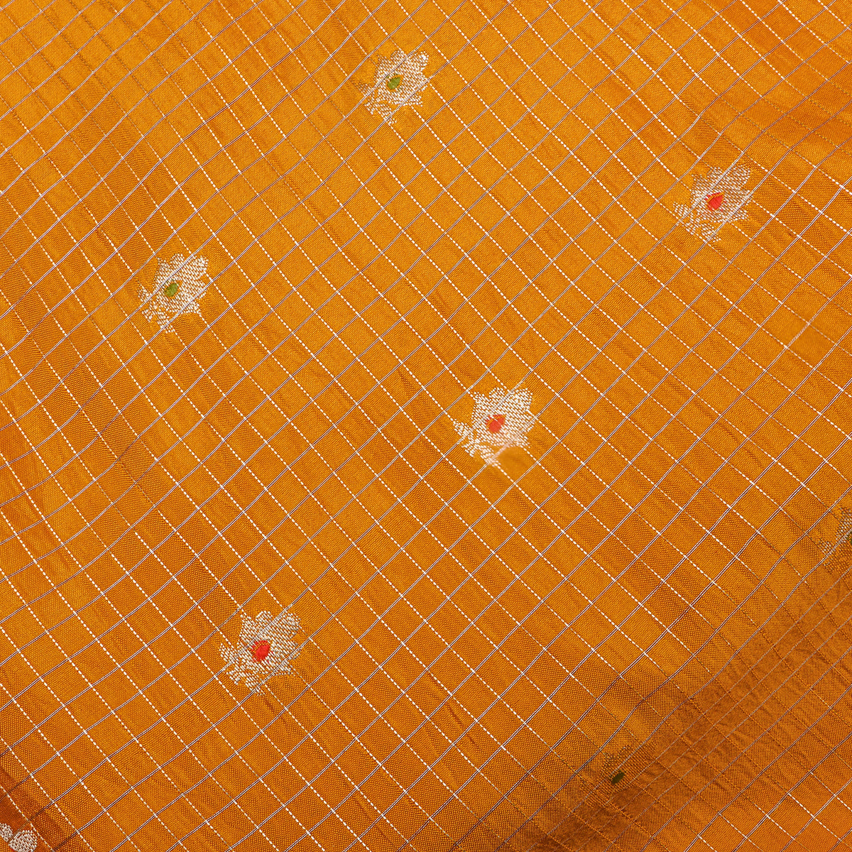 Marigold Yellow Gold Zari Temple Border Jamawar Silk Fabric