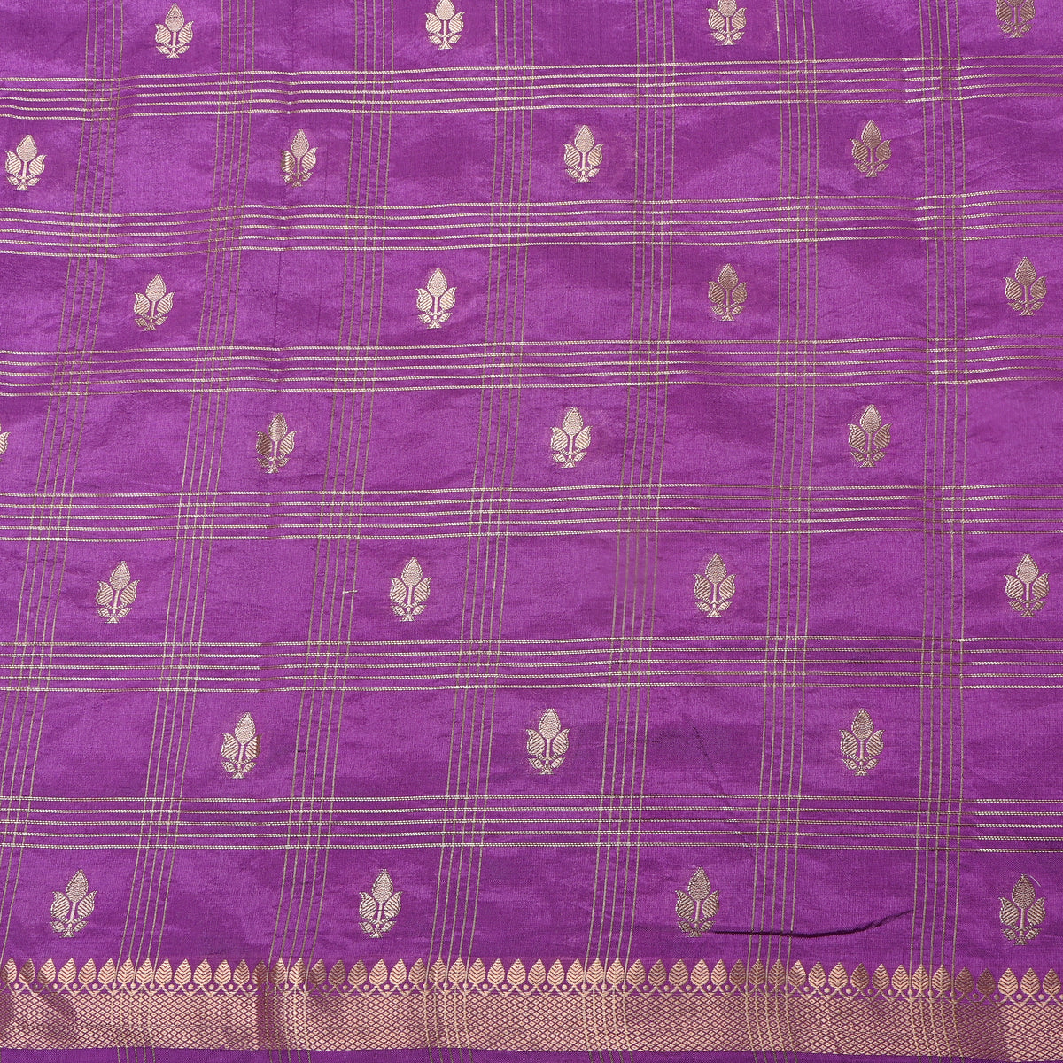 Amethyst Purple Dual Tone Zari Leaf Butti Checks Jamawar Silk Fabric