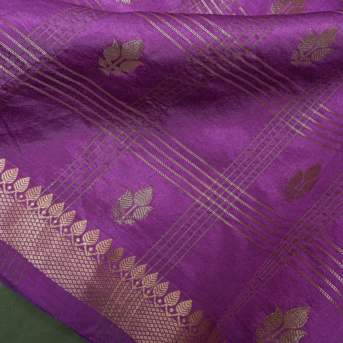 Amethyst Purple Dual Tone Zari Leaf Butti Checks Jamawar Silk Fabric